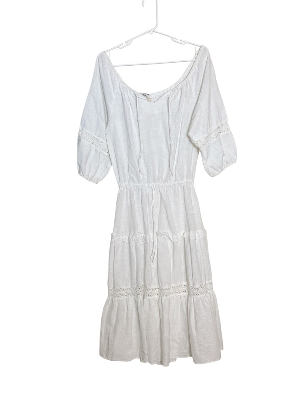 Vintage 70s White Prairie Peasant Midi Dress Romantic Boho Cottage Flowy M/L